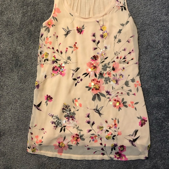 Express Peach w Sheer Beaded Floral Overlay Top - Picture 4 of 5